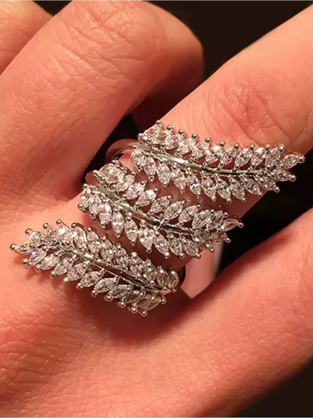 Silver Leaf Cluster CZ Ring - Elegant Women’s Statement Jewelry